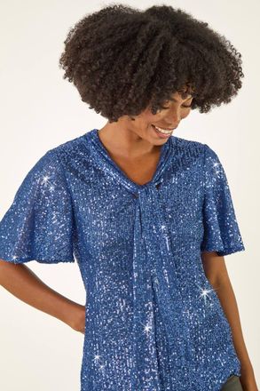 Roman Sequin Tie Neck Top