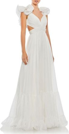 Mac Duggal Sleeveless Ruffle Tiered Cut-Out Chiffon Gown in White at Nordstrom, Size 6
