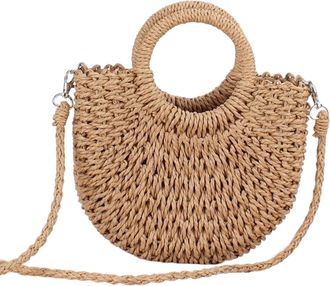Generic Women Straw Handmade Crossbody Shoulder Bag Beach Summer Shoulder Bag Handbag Handbag Beach Bag Shoulder Bag Straw Bag, nut brown
