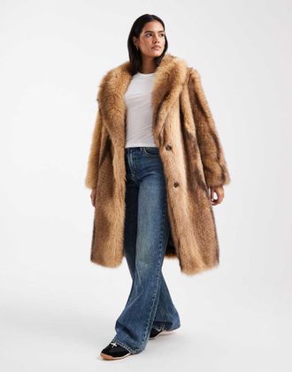 Asos Cappotto taglio medio arancione a righe in pelliccia sintetica-Marrone