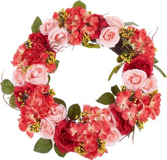 Beliani Corona De Puerta Roja Y Rosa Artificial Decorativa Hecha A Mano Redonda 50 Cm Decoraci&oacute;n De Pared De Mesa Estilo R&uacute;stico Agulo