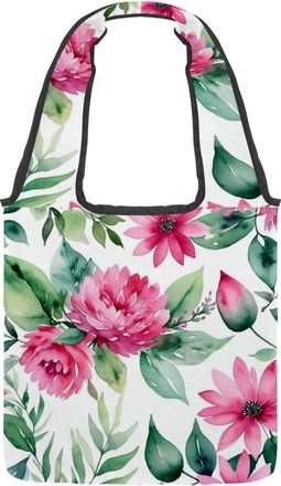 Generic Pink Flowers with Leaves Reversible Canvas Shoulder Tote - Double-Sided Print, 12oz Cotton, 27cm Drop, Fold-Flat Bag for Travel, Shopping, Street Outi