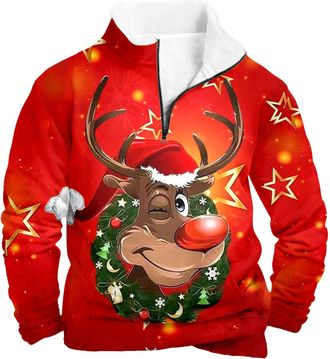 Generic Christmas Jumpers for Men Christmas Jumper 2025 Funny Reindeer Sweatshirt Snowflakes Printed Sweater Fleece Lined Pullover 1/4 Zip Xmas Jumper Long Sl