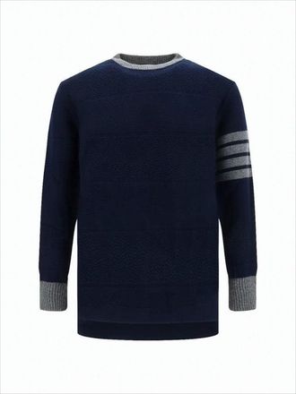 Thom Browne Textured Knit Navy Wool Sweater With Striped Sleeve And Button Detail