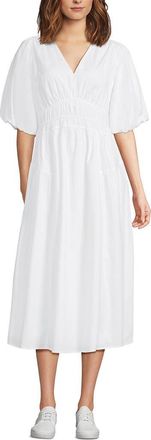Lands End Puff Sleeve Smocked Waist V Neck Dress in White at Nordstrom, Size Xx-Small