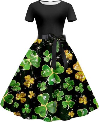 Generic Womens St Patricks Day Short Sleeve Dress Leprechaun Costumes Vintage Green Swing Dress Four Leaf Clover Pattern Costume Irish Dancing Dresses for Fes