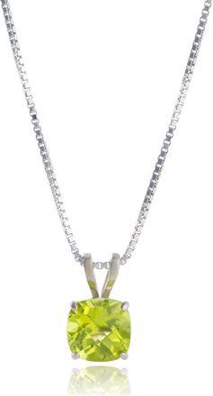 MAX + STONE 14k White Gold 8mm Cushion Cut Gemstone Pendant Necklaces with 18 inch Box Chain