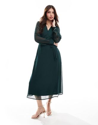 Vila long sleeve V-neck midi dress in dark green