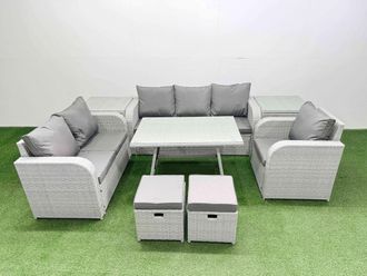 Fimous Patio Dining Table & Chairs Sets with Reclining Chair 2 Side Table in Light Grey