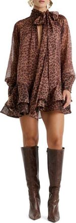 Bardot Adrie Long Sleeve Babydoll Minidress in Leopard at Nordstrom, Size 10