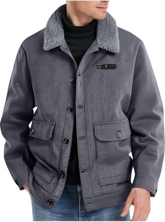 Generic Mens Fleece Coats Plus Size Button Down Jackets Winter Warm Lapel Collar Long Sleeve Outerwear Lightweight Windproof Sherpa Fleece Lined Overcoats Com