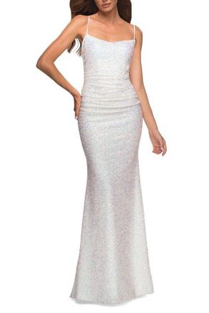 La Femme Unique Soft Sequin Dress with Lace Up Back in White at Nordstrom, Size 10