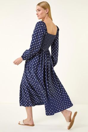 Roman Polka Dot Shirred Midi Dress