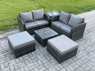 Fimous 6 Seater High Back Rattan Garden Furniture Set with Square Coffee Table 2 Big Footstool Love Sofa Indoor Outdoor Patio Lounge Sofa Set