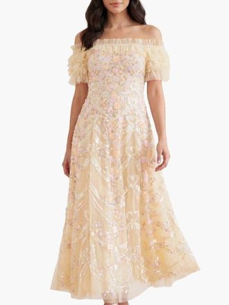 Needle & Thread Ribbon Heart Off-shoulder Ankle Gown in Lemon Sorbet/multi at Nordstrom, Size 14