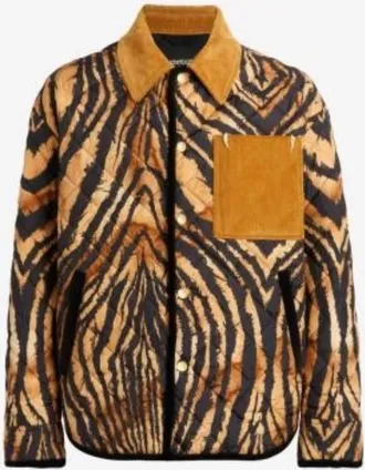 Roberto Cavalli Tiger-Print Quilted Jacket, Brand Size 50 ( US Size 40 )