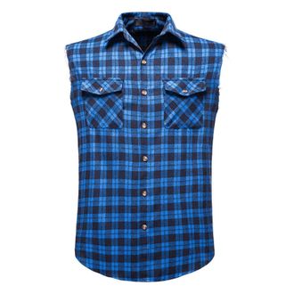 Generic Mens Sleeveless Plaid Shirt Regular Fit Fashion Casual Button Down Shirts with Two Chest Pockets Comfortable Checked Turndown Collar Shirts Tank Tops 