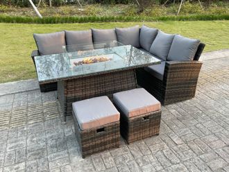 Fimous High Back Rattan Sets Gas Fire Pit Dining Table Set Heater Sofa Footstools 8 Seater in Dark Grey