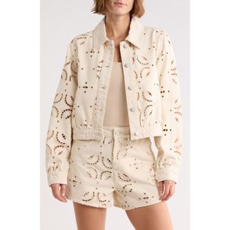Blank NYC Eyelet Embroidered Denim Trucker Jacket in Double Cream at Nordstrom Rack, Size X-Small