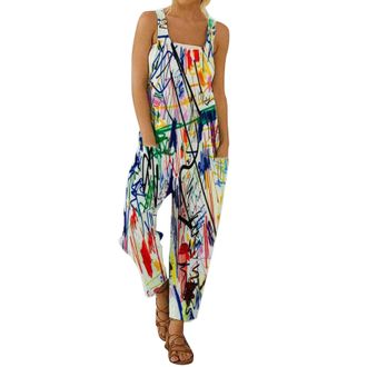 Generic Jumpsuit for Women UK Summer Dungarees Loose Plus Size Wide Leg Rompers with Pockets Cold Shoulder Suspender Overalls Solid Color High Waist Leisure P