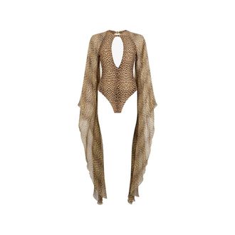 Roberto Cavalli One-piece, female, Beige, Size: S Long-sleeve Open-back Swimsuit