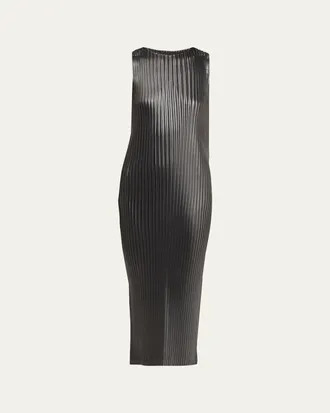 Issey Miyake Sleeveless Glossed Metal Plisse Midi Dress