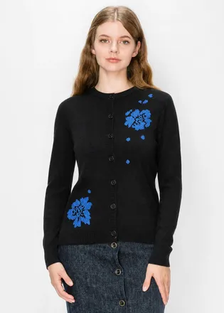 YAL New York Black Cardigan with Blue Floral Embroidery