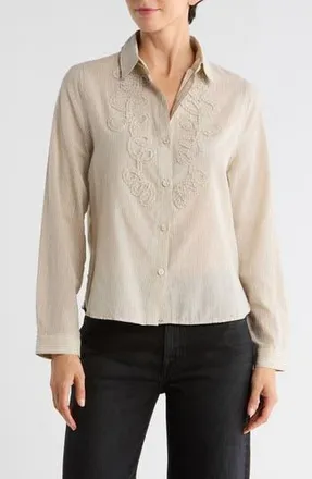 Max Studio Stripe Appliqué Button-Up Shirt in Ecru/Black Pinstripe at Nordstrom Rack, Size X-Large