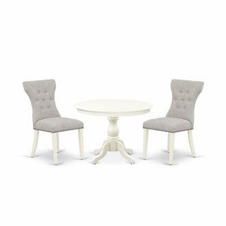 East West Furniture HBGA3-LWH-35 3 Piece Table Set - Linen White dinner Table and 2 Doeskin Linen Fabric Kitchen Chairs Button Tufted Back with Nail Heads - Linen White F