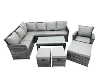 Fimous 10 Seat Outdoor Oblong Coffee Table Corner Sofa Set with Stool Chair in Dark Grey