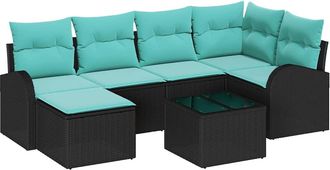 vidaXL Juego De Sof&aacute; 7 Uds. Negro Y Turquesa Rat&aacute;n Sint&eacute;tico Vidaxl