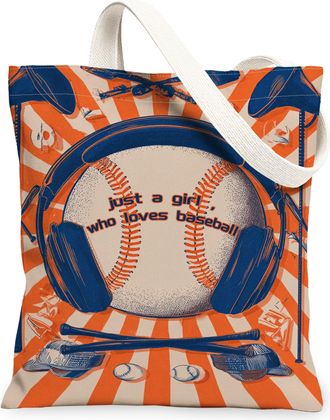 Generic Baseball Graphic Canvas Tote Bags, Fun Sports Pattern Reusable Grocery Bags, Lightweight Washable Shoulder Strap Canvas for, Orange, 13x15 Inch