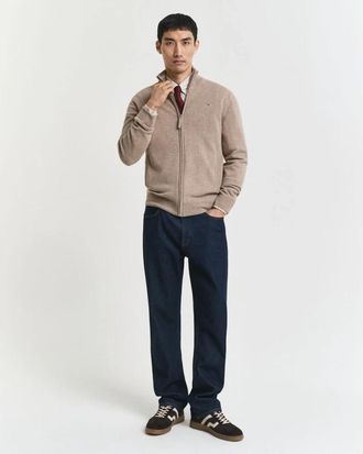 GANT Superfine Lamswollen Cardigan met Rits - Heren - Vesten - Beige - 2XL - Wol - Truien & Vesten