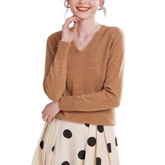Dissa Women Cashmere Jumper Khaki V-Neck Sweater Long Sleeve Relaxed Cashmere Wool Thin Jumper Solid Color Ladies Sweater,10,YZL2303