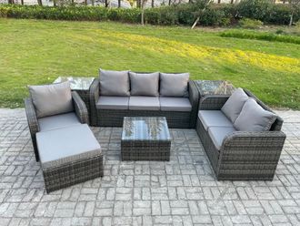 Fimous Rattan Garden Furniture 7 Piece Patio Set With Table Sofa Square Coffee Table Reclining Chair Love seat sofa 2 Side Tables in Dark Grey