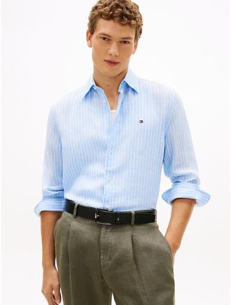 Tommy Hilfiger Mens Regular Fit Stripe Linen Shirt - Blue - XXL