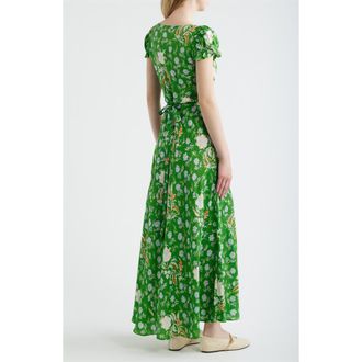 D&ocirc;en Valerine Print Ruffle Silk Blend Maxi Dress in Emerald Hollyhock Hills at Nordstrom, Size Xx-Small