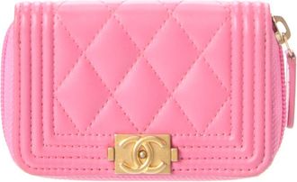 Chanel Pink Quilted Lambskin Leather Boy Zip Around Coin Case (Authentic Pre- Loved)