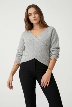 Pieces Wickelpullover PIECES PCSILLY LS REV WRAP KNIT NOOS BC, Damen, Gr. XL, light grau melange, Strick, Obermaterial: 90% Polyester, 5% Wolle, 5% Elasthan,