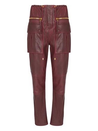 Balmain lambskin leather cargo straight trousers - women - Lamb Skin - 34 - Red