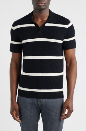 Nordstrom Johnny Collar Short Sleeve Boucl&eacute; Sweater Polo in Black Cooper Stripe at Nordstrom, Size Xx-Large