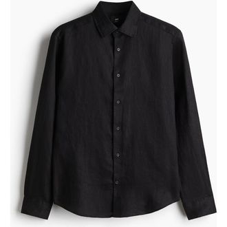 H&M Slim Fit Linen Shirt in Black at Nordstrom, Size Xx-Large