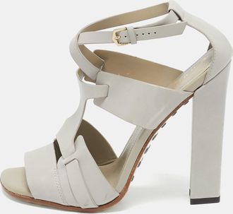 Tod's Tods Grey Leather Cutout Block Heel Ankle Strap Sandals