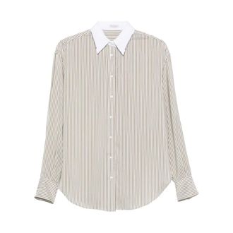 Brunello Cucinelli Gestreepte Zijde Blouse - Dames - Blouses & Shirts - Beige - Maat: XS Zijde