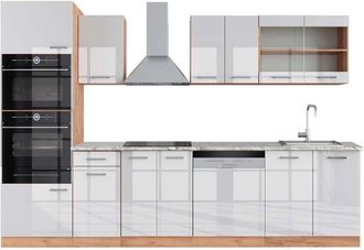Vicco Cucina componibile R-Line, Bianco lucido/oro power oak, 300 cm con armadio alto, pl Marmo