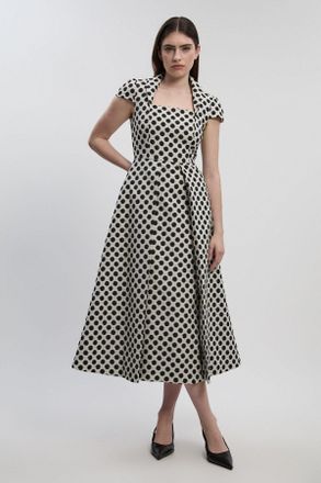 Karen Millen Womens Petite Spot Jacquard Square Neck Tailored Full Skirted Midi Dress - Monochrome Multi - Size 6 UK