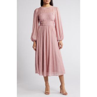 ZOE AND CLAIRE Shirred Long Sleeve Midi Dress in Blush at Nordstrom, Size Small