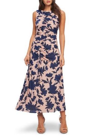 Flying Tomato Floral Sleeveless Ruched Mesh Maxi Dress in Nude Navy at Nordstrom Rack, Size Large