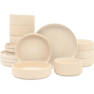 Gibson Home 16 Piece Reactive Glaze Stoneware Plates and Bowls Dinnerware Set in Cream at Nordstrom