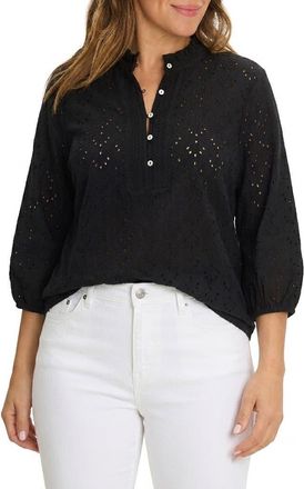 Nic+Zoe Eyelet Ruffle Neck Top in Black Onyx at Nordstrom, Size 2X
